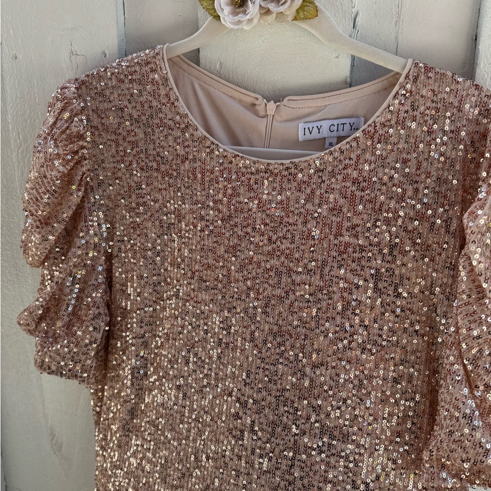 Ivy City Co rose gold sequin midi dress